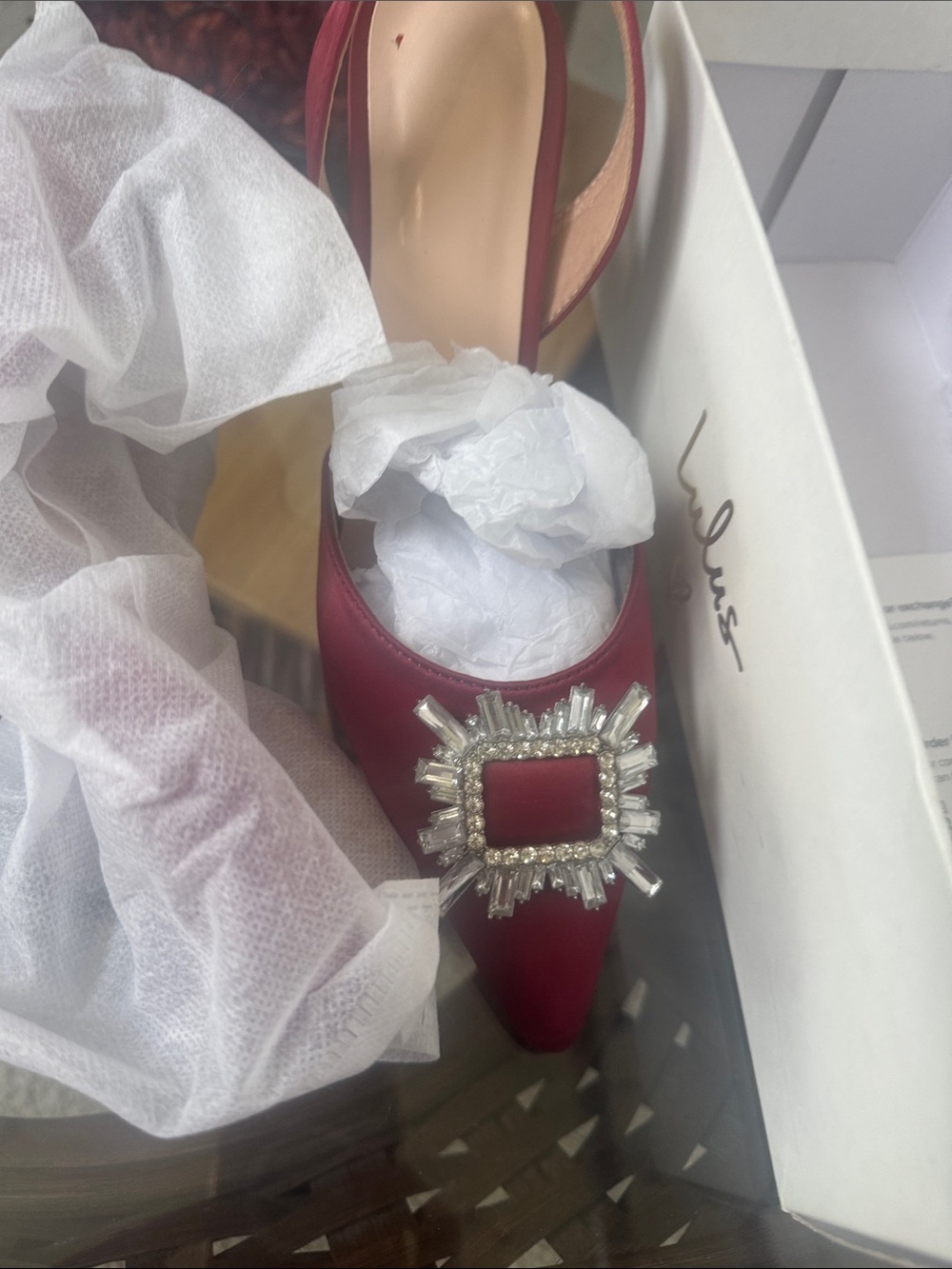 SHEIN Red Pointed Toe Pump with Crystal Buckle